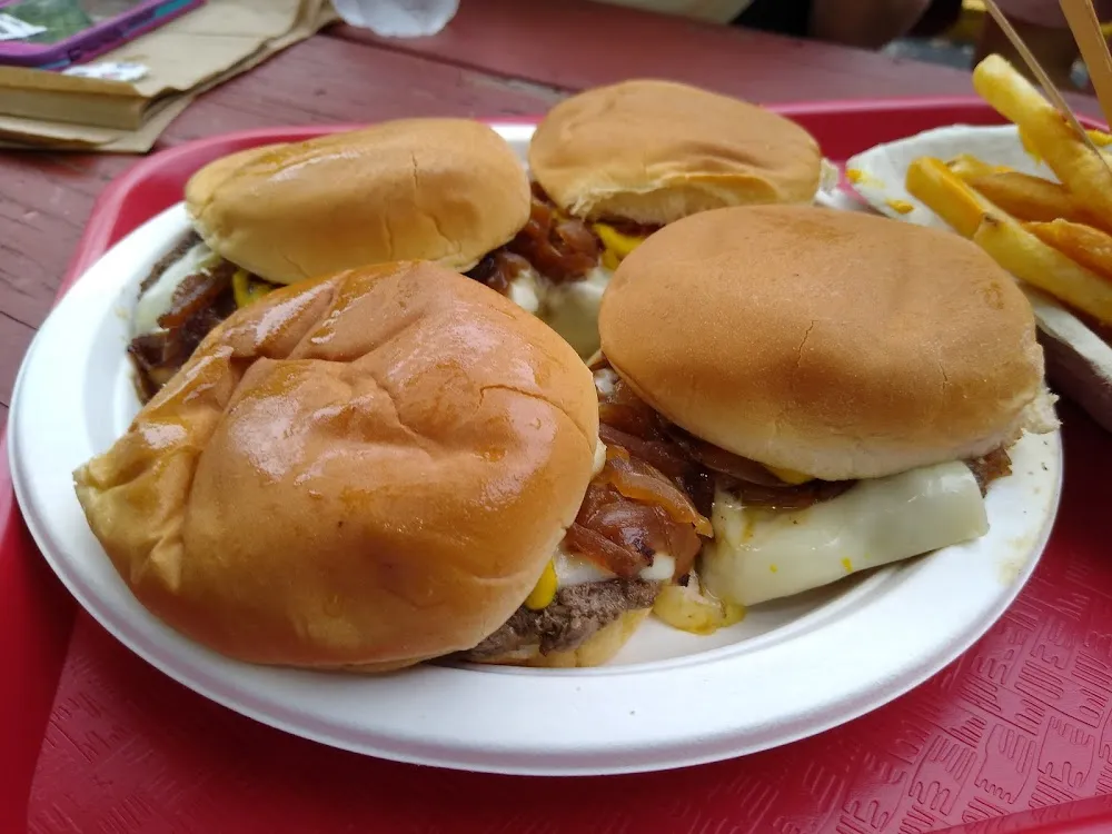 Cheeseburger Served with Fried Onions and Ketchup Plus Mustard